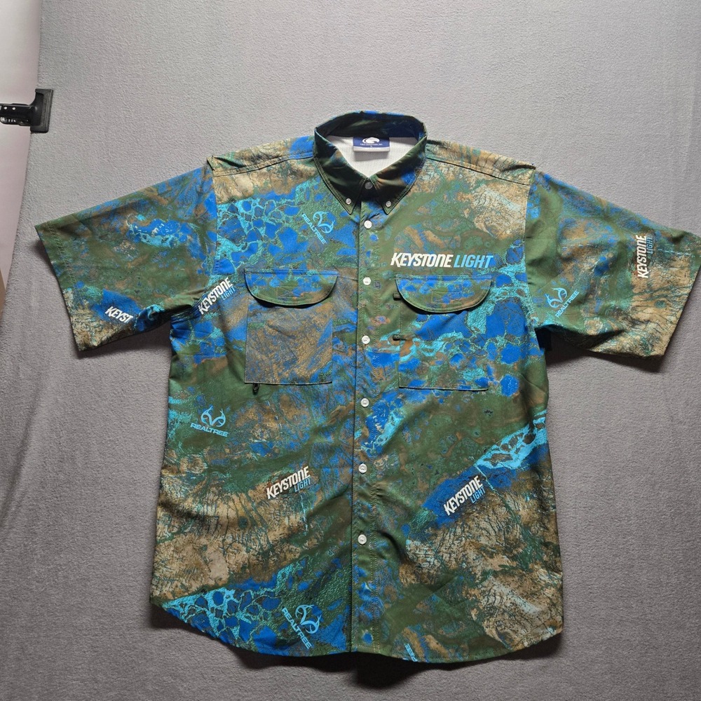 Keystone Light x Realtree Fishing Shirt Mens Large Blue Camo Button Up Vented - Picture 2 of 6
